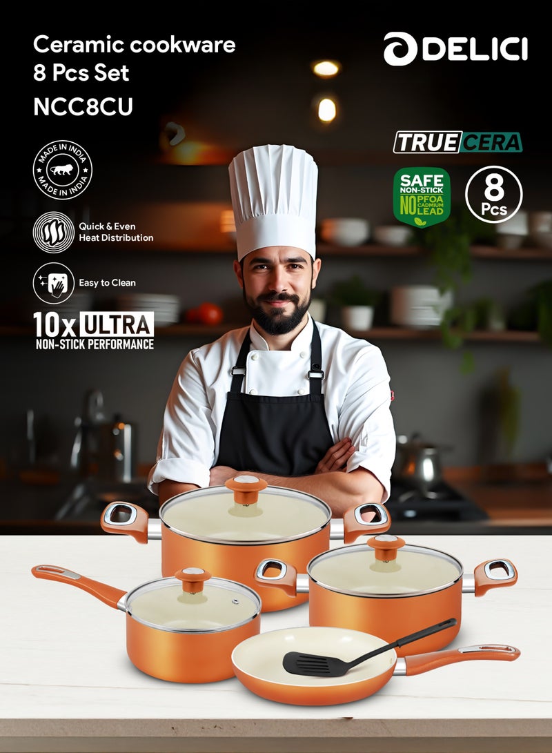 ديليتشي طقم أواني طهي ديليتشي الخزفية غير اللاصقة، ٨ قطع (NCC8CU) | أداء فائق ١٠ مرات في عدم الالتصاق | توزيع سريع ومتساوي للحرارة | سهل التنظيف | غير سام | متوافق مع الغاز والسخانات والهالوجين | يشمل طواجن، قدر، مقلاة، وملعقة نايلون - Image 2