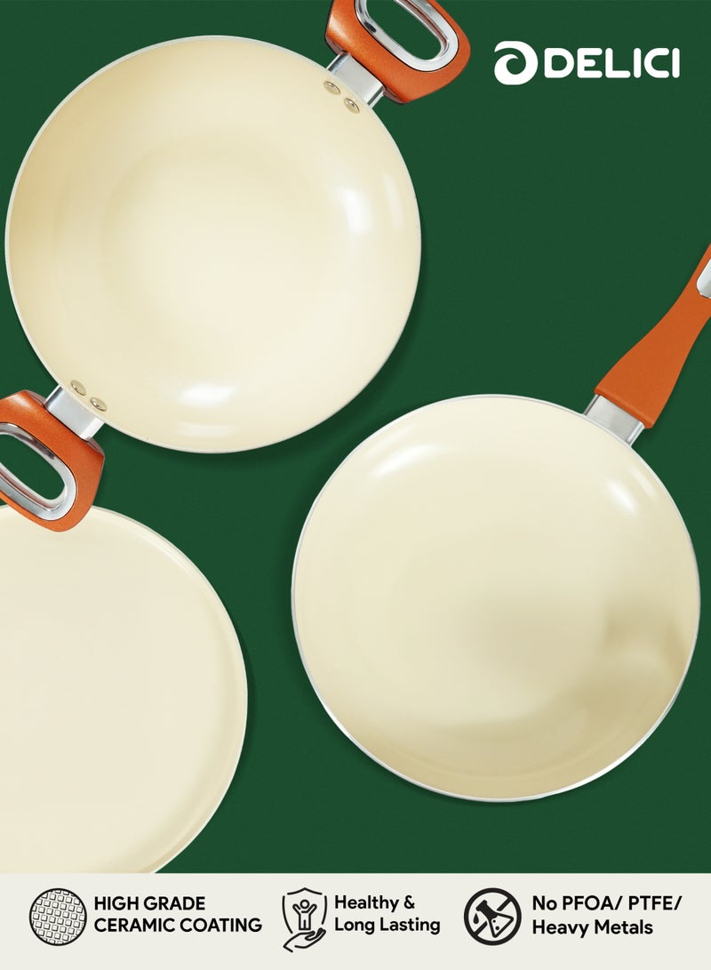 ديليتشي طقم أواني طهي ديليتشي الخزفية غير اللاصقة، ٨ قطع (NCC8CU) | أداء فائق ١٠ مرات في عدم الالتصاق | توزيع سريع ومتساوي للحرارة | سهل التنظيف | غير سام | متوافق مع الغاز والسخانات والهالوجين | يشمل طواجن، قدر، مقلاة، وملعقة نايلون - Image 3