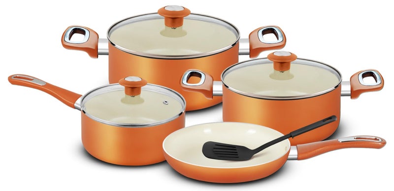 ديليتشي طقم أواني طهي ديليتشي الخزفية غير اللاصقة، ٨ قطع (NCC8CU) | أداء فائق ١٠ مرات في عدم الالتصاق | توزيع سريع ومتساوي للحرارة | سهل التنظيف | غير سام | متوافق مع الغاز والسخانات والهالوجين | يشمل طواجن، قدر، مقلاة، وملعقة نايلون - Image 1