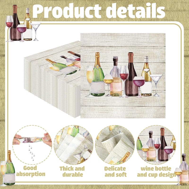 Fairooth 50 Pcs Wine Cocktail Napkins Disposable Champagne Bottle Paper Napkins 3-Ply Bar Tasting Beverage Napkins Bartender Dinner Napkins for Wedding Bridal Shower Birthday Party Supplies - Image 3