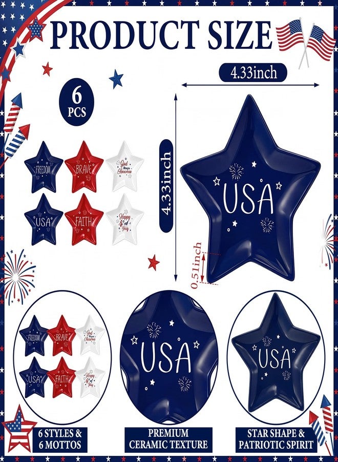 LOYIM 6 Pcs 4th of July Ceramic Plates Patriotic Memorial Day Small Plates for Treat Cookie Goodie Red White and Blue Star Snack Candy Dishes for Independence 250th Anniversary Holiday Decoration - Image 3