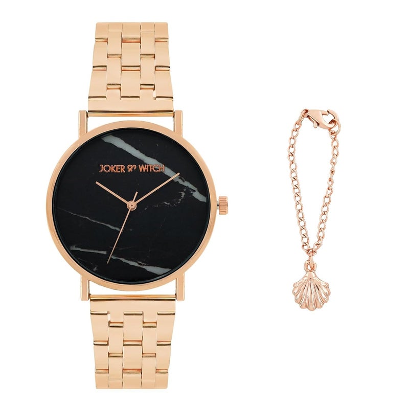 Joker & Witch Joker Witch Stainless Steel Women Beach Seashell Analog Watch Charm Set Black Dial Rose Gold Band 