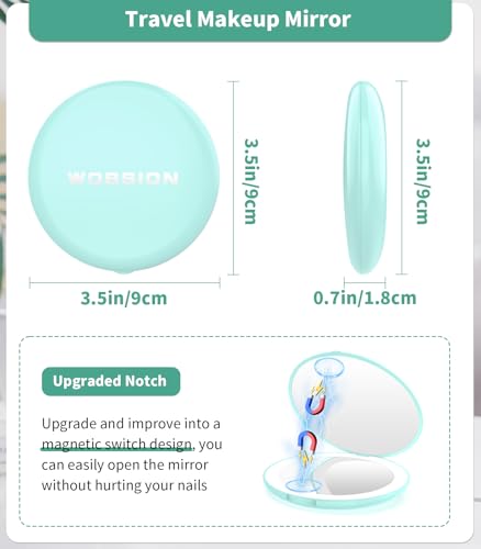 WOBSION LED Lighted Travel Makeup Mirror, 1x/10x Magnification, Compact, Portable for Handbag, Purse, Pocket, 3.5 inch Illuminated, Folding, Handheld, 2-Sided, Round, Cyan - Image 3