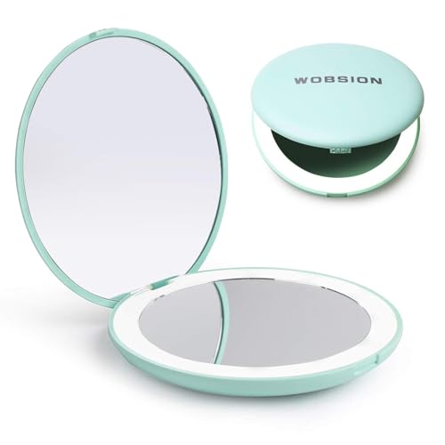 WOBSION LED Lighted Travel Makeup Mirror, 1x/10x Magnification, Compact, Portable for Handbag, Purse, Pocket, 3.5 inch Illuminated, Folding, Handheld, 2-Sided, Round, Cyan - Image 1