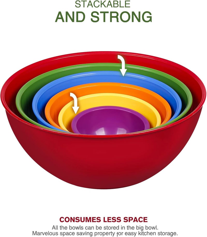 Greentainer 6Piece Plastic Mixing Bowl Set with Lids for Kitchen Nesting Storage Bowls for Baking PreppingCooking and Serving Food Dishwasher Microwave SafeGreat for Mixing  Serving6 SetRed - Image 3