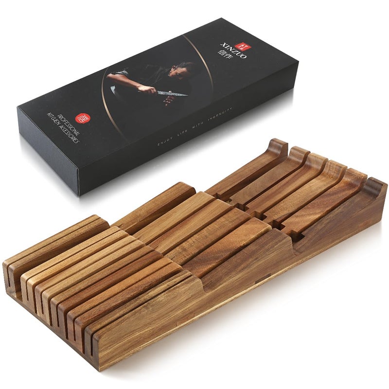 XINZUO Indrawer Knife Block Natural Acacia Knife Drawer Oganizer InsertKitchen Storage Holder 11 Slots Holds up to 11 Various Size Knives Countertop SavingKnife Protective