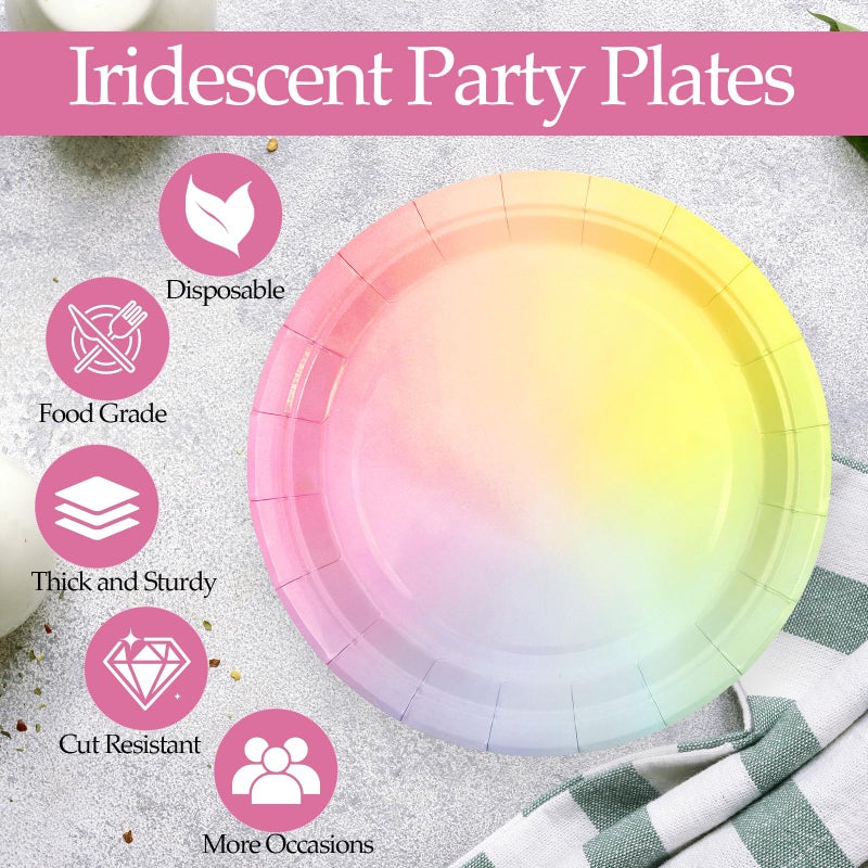 HiEnjoin 50PCS Iridescent Rainbow Party Paper Plates  7 Inch Pastel Dessert Plates Disposable Party Supplies Tableware for Birthday Mermaid Wedding - Image 1