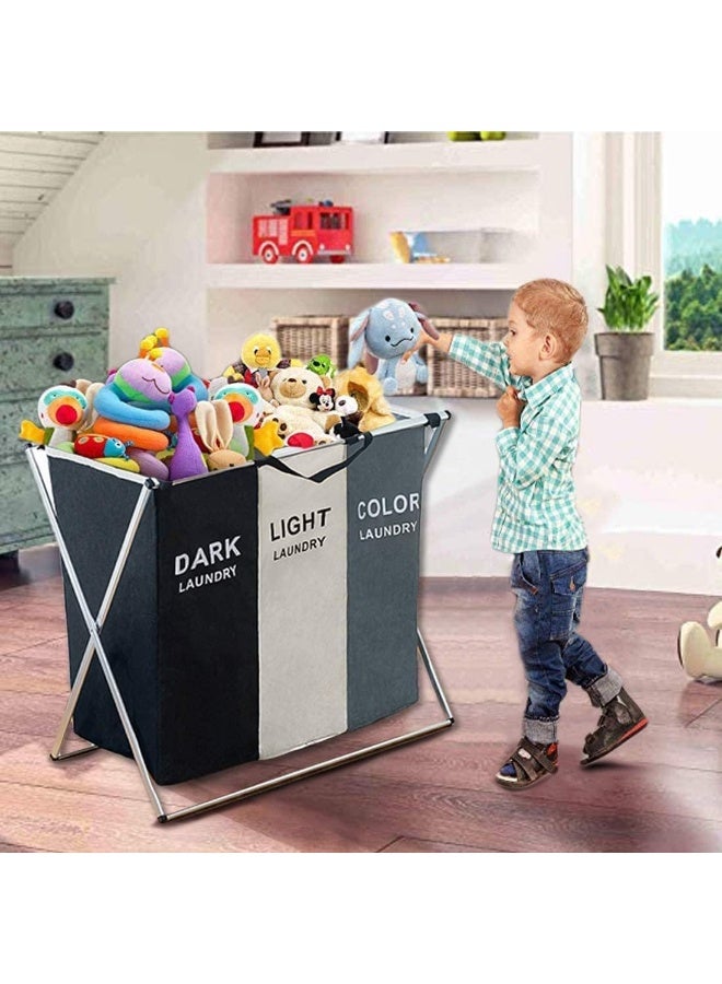 ECVV Laundry Basket Clothes Hamper 135L 3 Sections Clothe Sorter Bin, Foldable Waterproof Organizer Bag with Aluminum Frame, Washing Storage, for Bathroom Washroom Bedroom - Image 5