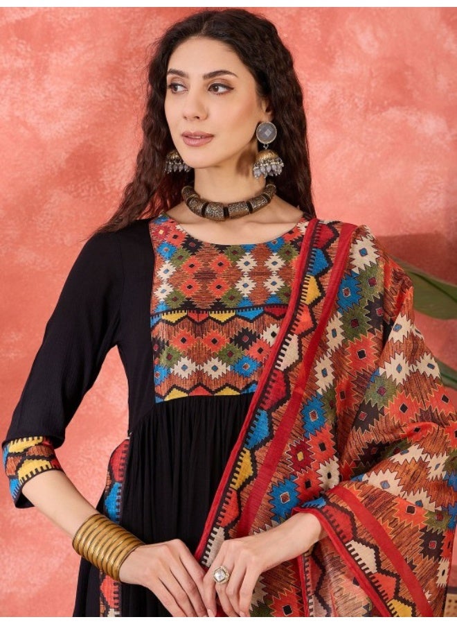 AKS Black Nyra Cut Kurta Palazzo Set With Dupatta  - Image 2