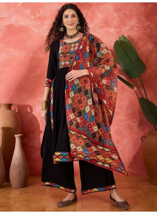 AKS Black Nyra Cut Kurta Palazzo Set With Dupatta  - Image 1