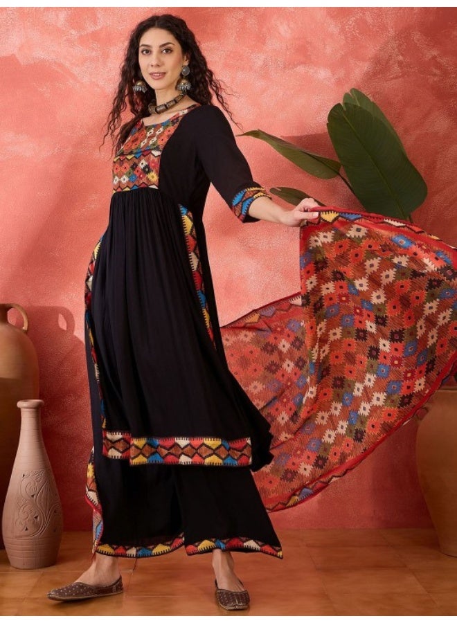 AKS Black Nyra Cut Kurta Palazzo Set With Dupatta  - Image 4