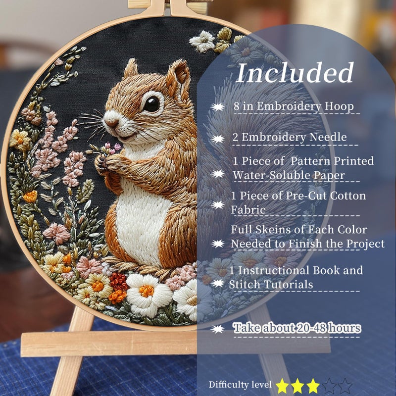 FONNUY Funny Squirrel Floral Embroidery Kit, Cross Stitch Kits for Beginners, Handmade Crafts with Printed Patterns for Beginner Adults, Easy to Follow Color Thread Needlework, 8'' Hoop (Smart) - Image 2