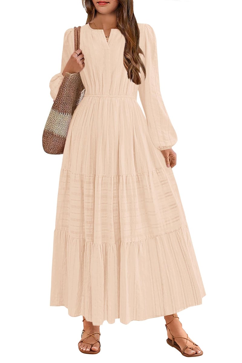HOSIKA Girls Wedding Guest Dress Fall Long Sleeve A-Line Formal Maxi Dresses for Wedding Birthday Party Apricot - Image 1