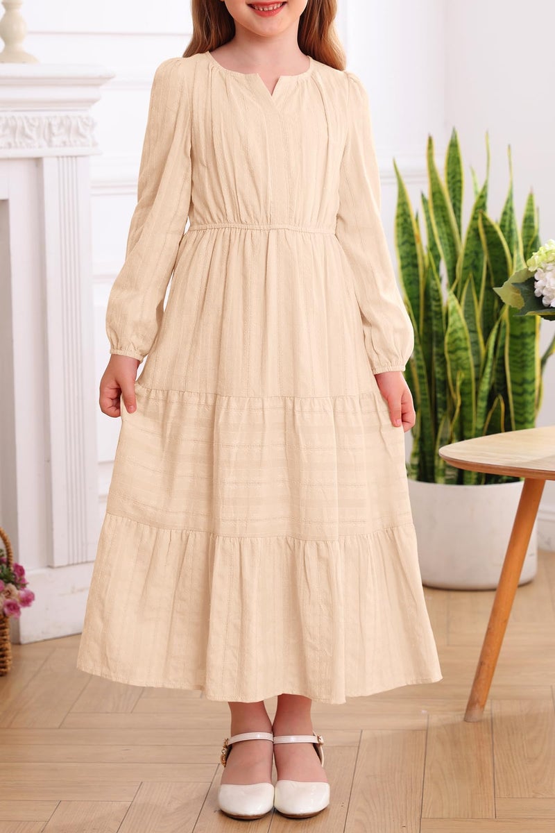 HOSIKA Girls Wedding Guest Dress Fall Long Sleeve A-Line Formal Maxi Dresses for Wedding Birthday Party Apricot - Image 2