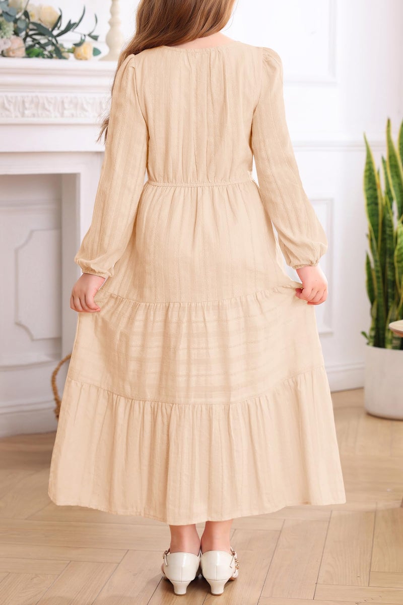 HOSIKA Girls Wedding Guest Dress Fall Long Sleeve A-Line Formal Maxi Dresses for Wedding Birthday Party Apricot - Image 5