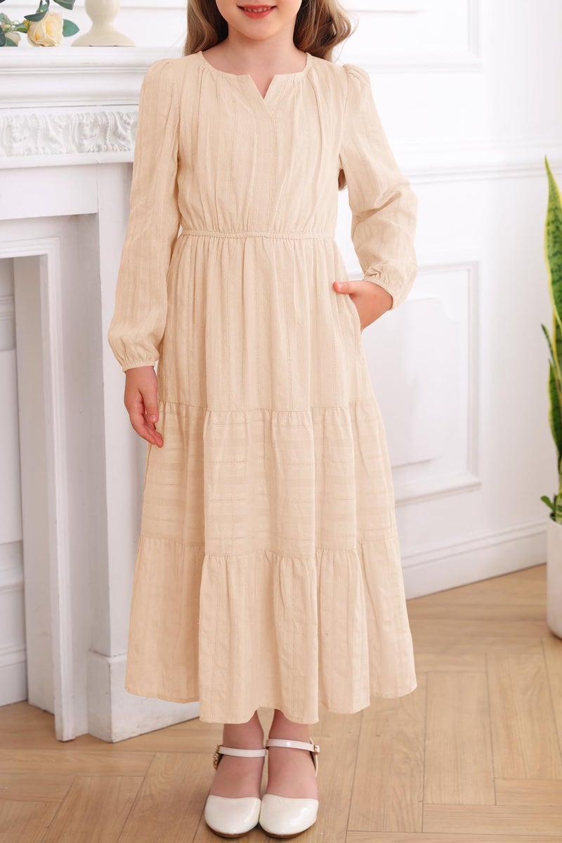 HOSIKA Girls Wedding Guest Dress Fall Long Sleeve A-Line Formal Maxi Dresses for Wedding Birthday Party Apricot - Image 3