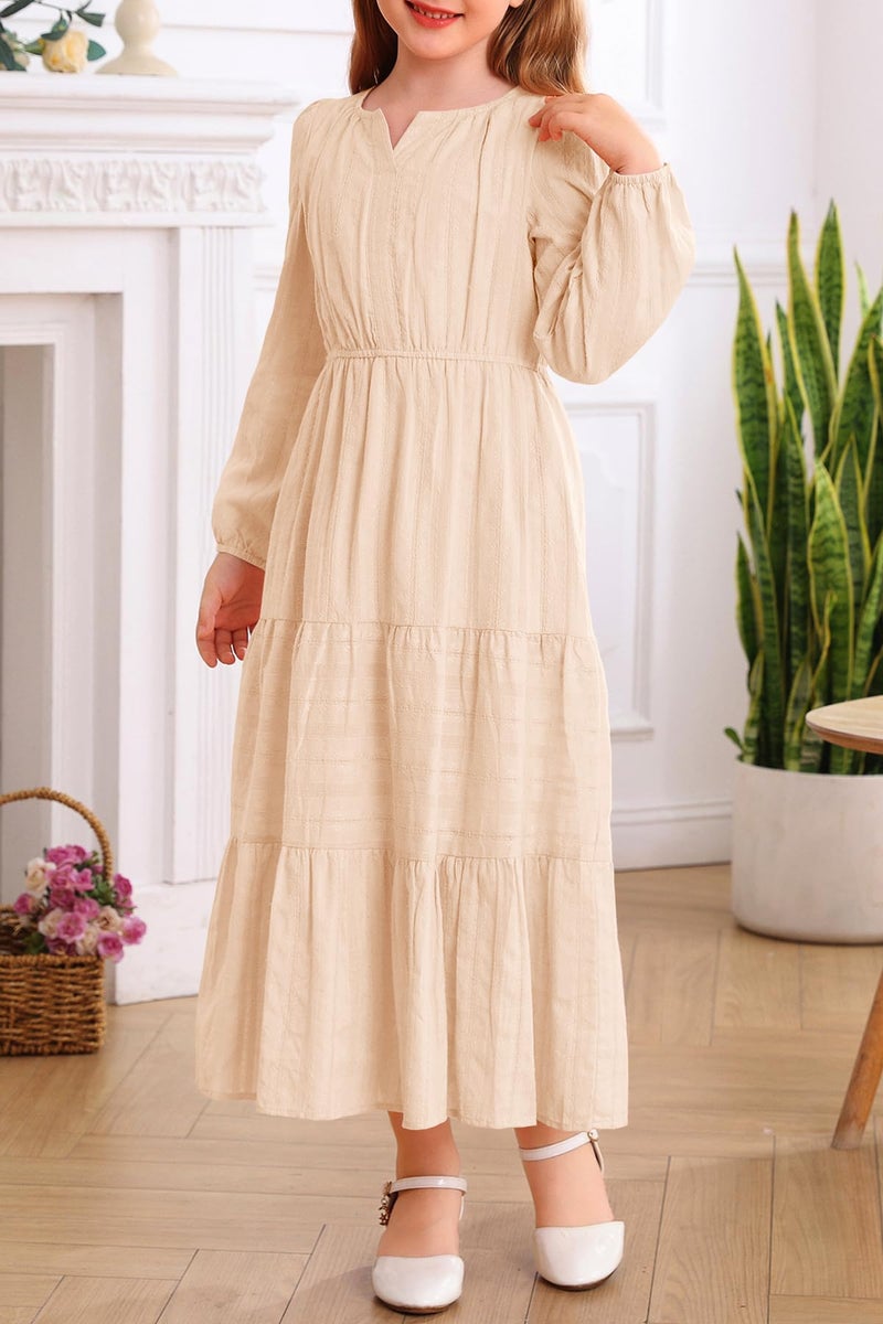 HOSIKA Girls Wedding Guest Dress Fall Long Sleeve A-Line Formal Maxi Dresses for Wedding Birthday Party Apricot - Image 4