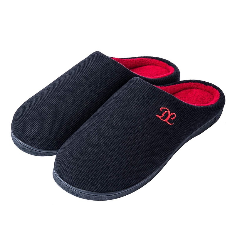 DL Mens-Memory-Foam-Slippers, Slip on Bedroom Slippers for Mens Indoor Outdoor, Men's House Slippers Non-Slip Hard Rubber Sole, Warm Soft Flannel Lining Man Slippers Black and Red size 9-10 - Image 1