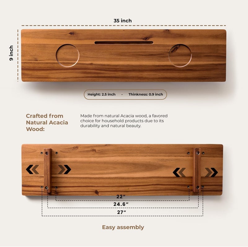 Streema Art Streema art Acacia Bathtub Caddy Tray Table 35x9 Inch Large Bath Tub Tray Wooden AntiTipping Sustainable Tub Tray for Bathtub Bathtub Accessories Holders for Bathtub Acacia 35x9  - Image 2