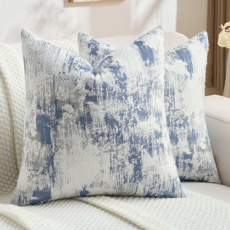 FUTEI Blue White Decorative Throw Pillow Covers 18x18 Inch Set of 2,Soft Faux Cashmere Jacquard - Textured & Cozy Cushion Case,Modern Home Decor for Couch Bed Living Room - Image 1