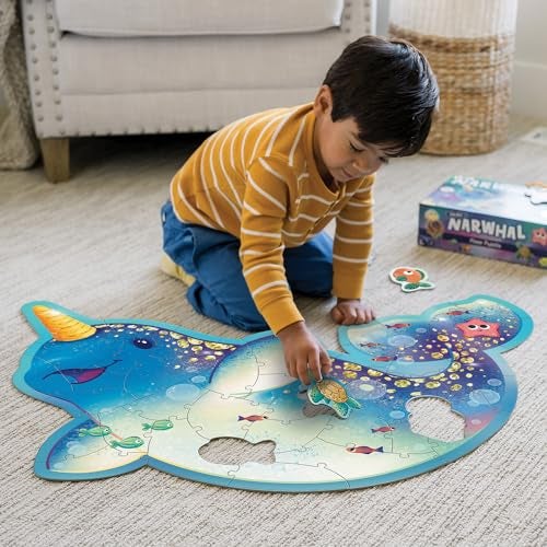 Peaceable Kingdom Narwhal Floor Puzzle Magically Illustrated with 42 Thick and Sturdy Puzzle Pieces Includes Storage Box with Carrying Cord Over 3 Feet Wide - Image 5