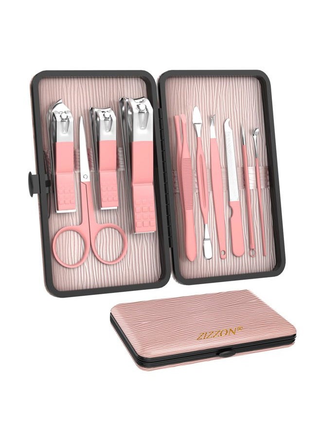 ZIZZON Travel Mini Manicure Set Nail Clipper Set 10 in 1 Stainless Steel Pedicure Care Grooming kit with Case Pink  - Image 1