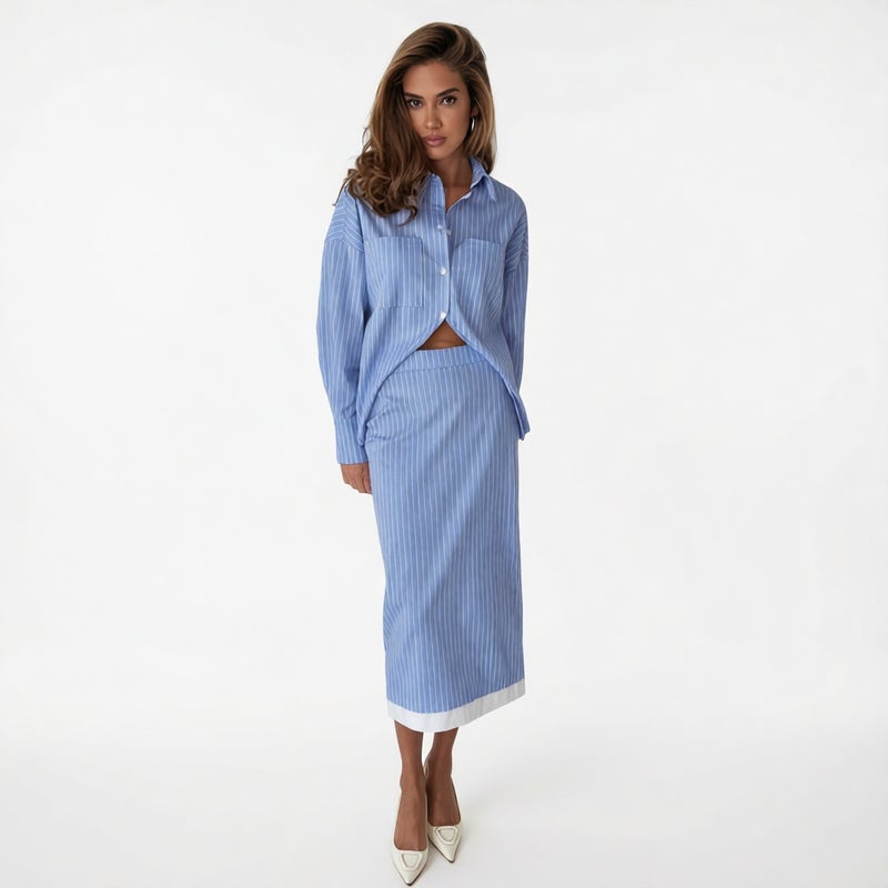 Striped Contrast Two-Piece Set: Long Sleeve Shirt with Pocket and High-Waist Pencil Skirt - Image 1