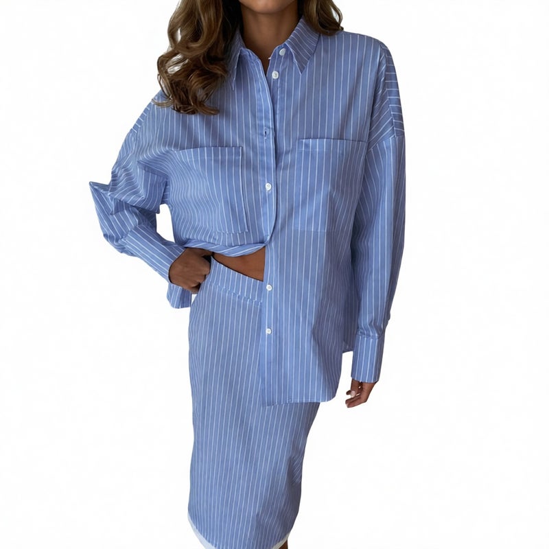 Striped Contrast Two-Piece Set: Long Sleeve Shirt with Pocket and High-Waist Pencil Skirt - Image 2