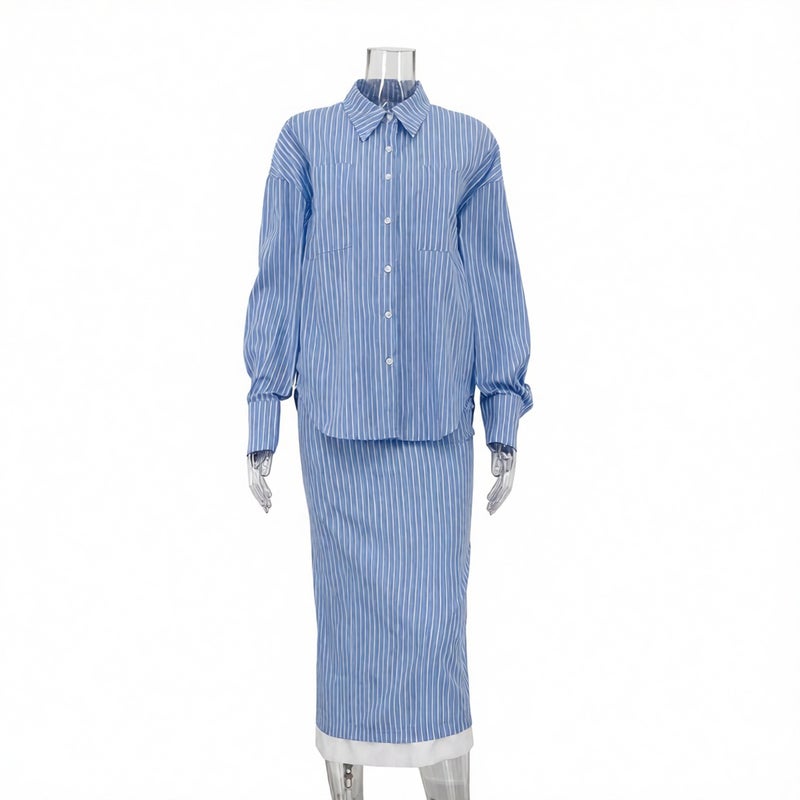 Striped Contrast Two-Piece Set: Long Sleeve Shirt with Pocket and High-Waist Pencil Skirt - Image 5