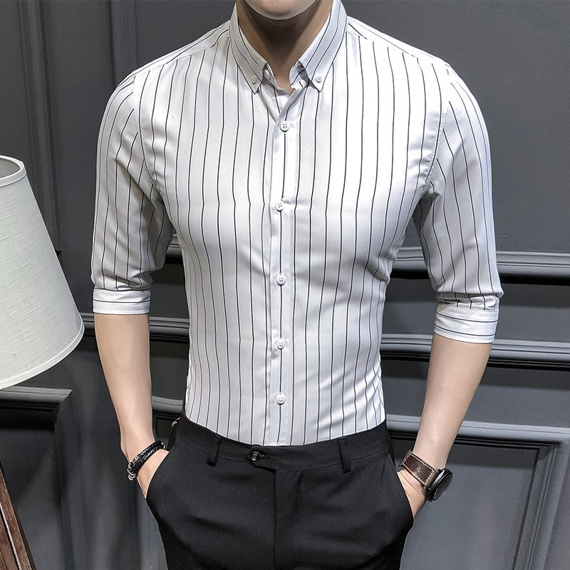 2023 Summer New Mens Korean Style Slim-fit Seven-sleeve Striped Shirt Fashionable Mens Large Size Casual Trendy Cardigan Red