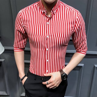 2023 Summer New Mens Korean Style Slim-fit Seven-sleeve Striped Shirt Fashionable Mens Large Size Casual Trendy Cardigan Red - pzsku/Z60F9D5A86D2628EEE30CZ/45/1746229805/6ed68d8b-d51b-464f-a638-15a0747e7598
