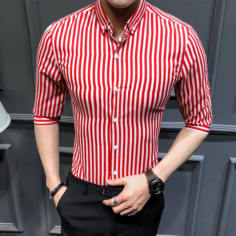 2023 Summer New Mens Korean Style Slim-fit Seven-sleeve Striped Shirt Fashionable Mens Large Size Casual Trendy Cardigan Red