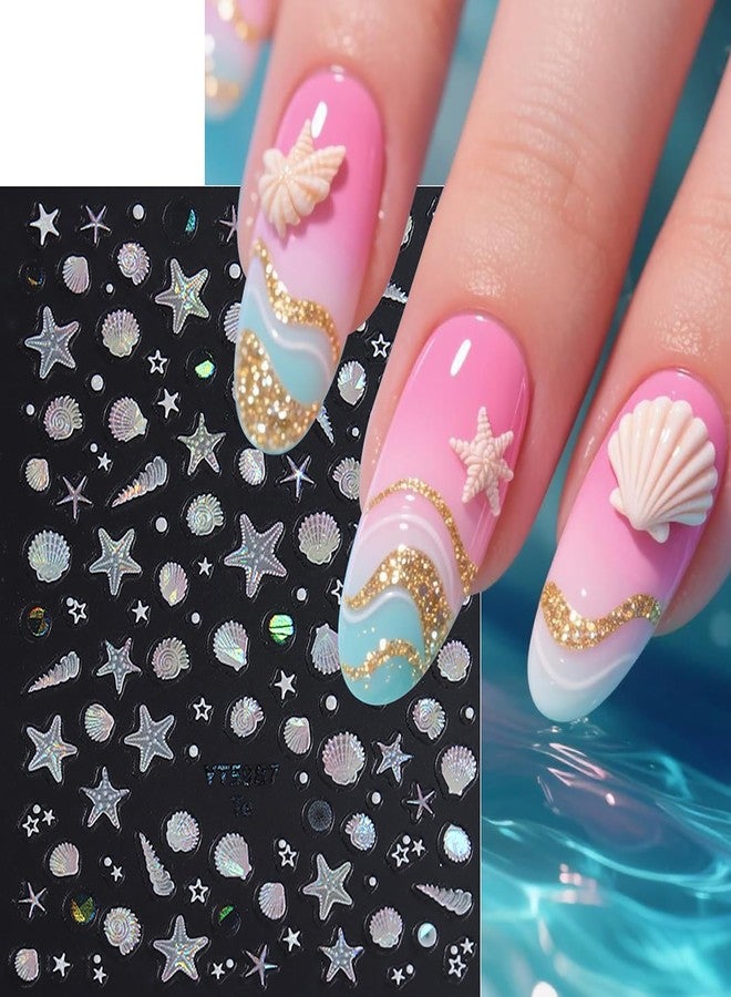 FDSQHSA 2 Sheets Embossed Summer Nail Stickers for Nail Art Holographic Laser Starfish Conch Seashell Nail Decals Summer Beach Nail Art Stickers 5d Self-Adhesive Marine Life Nail Design Decals for Women - Image 4