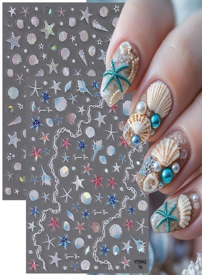 FDSQHSA 2 Sheets Embossed Summer Nail Stickers for Nail Art Holographic Laser Starfish Conch Seashell Nail Decals Summer Beach Nail Art Stickers 5d Self-Adhesive Marine Life Nail Design Decals for Women - Image 1