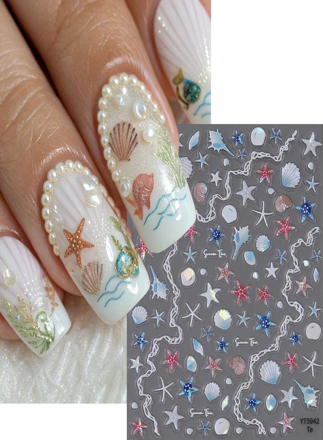 FDSQHSA 2 Sheets Embossed Summer Nail Stickers for Nail Art Holographic Laser Starfish Conch Seashell Nail Decals Summer Beach Nail Art Stickers 5d Self-Adhesive Marine Life Nail Design Decals for Women - Image 5