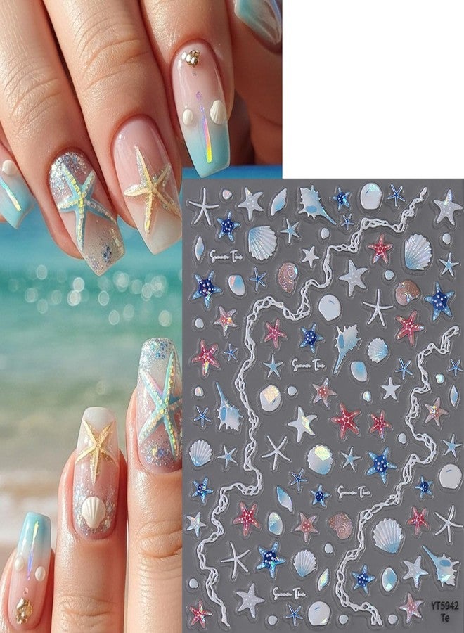FDSQHSA 2 Sheets Embossed Summer Nail Stickers for Nail Art Holographic Laser Starfish Conch Seashell Nail Decals Summer Beach Nail Art Stickers 5d Self-Adhesive Marine Life Nail Design Decals for Women - Image 3