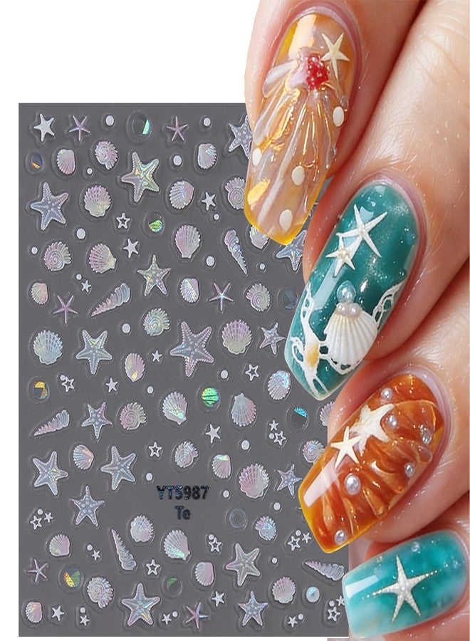 FDSQHSA 2 Sheets Embossed Summer Nail Stickers for Nail Art Holographic Laser Starfish Conch Seashell Nail Decals Summer Beach Nail Art Stickers 5d Self-Adhesive Marine Life Nail Design Decals for Women - Image 2