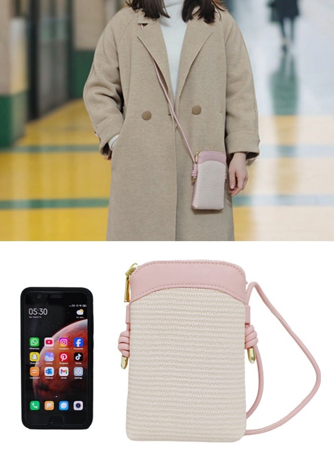 Small Crossbody Cell Phone Bag, PU Leather Woven Splicing Shoulder Bag for Women, Mini Handbag Purse Wallet with Adjustable Shoulder Strap, Pink - Image 1