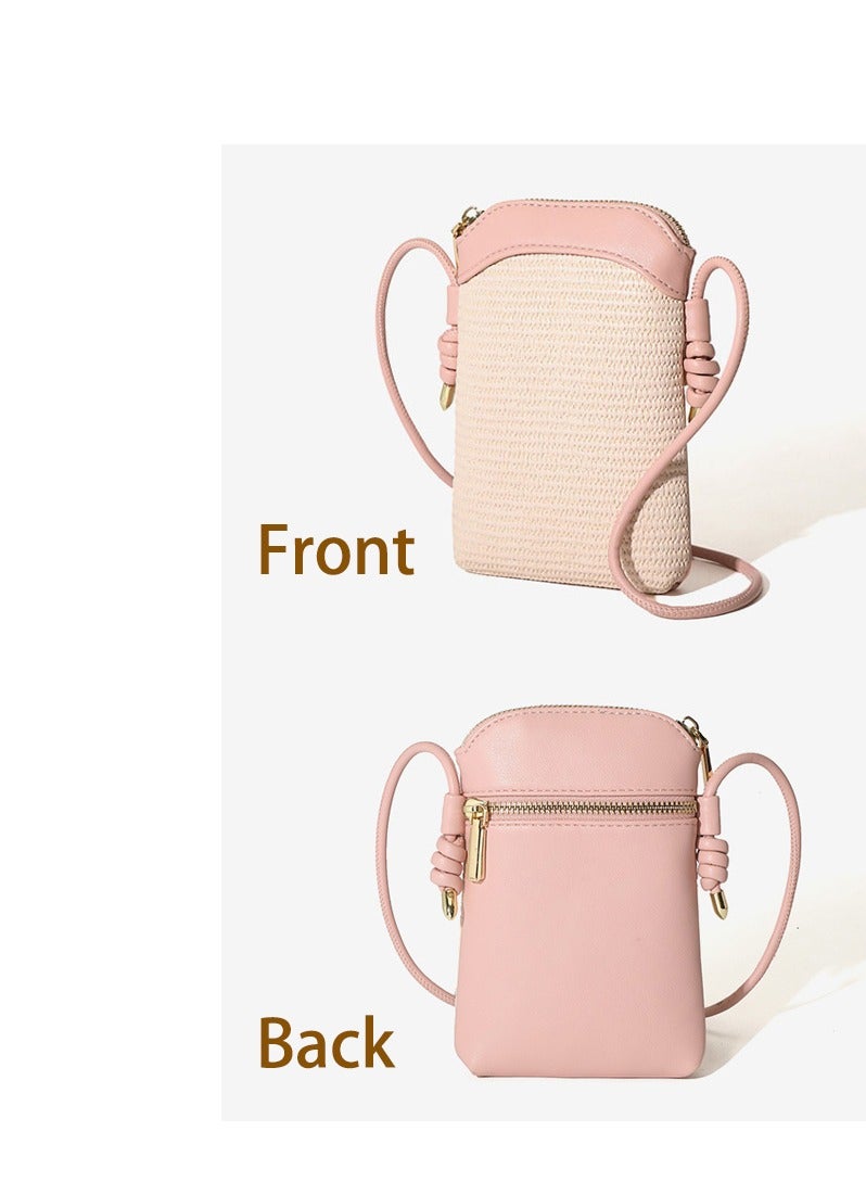 Small Crossbody Cell Phone Bag, PU Leather Woven Splicing Shoulder Bag for Women, Mini Handbag Purse Wallet with Adjustable Shoulder Strap, Pink - Image 5