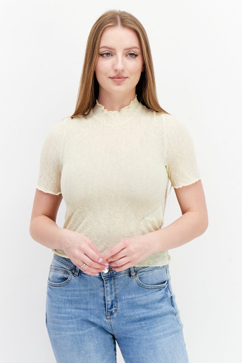 PIECES Women Mock Neck Short Sleeve Textured Top, Yellow - Image 1