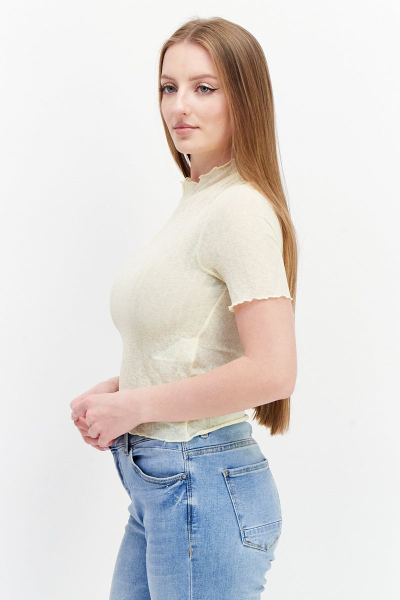 PIECES Women Mock Neck Short Sleeve Textured Top, Yellow - Image 2