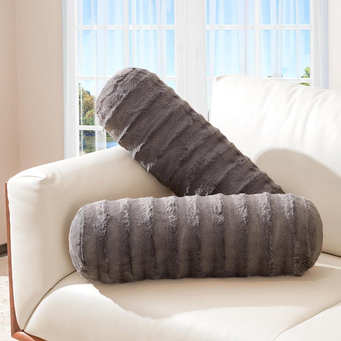 FAUX FUR BOLSTER PILLOWS SOFT DECORATIVE CYLINDER PILLOWS FOR BED OR COUCH MACHINE WASHABLE 8 X 24 SET OF 2 GRAY