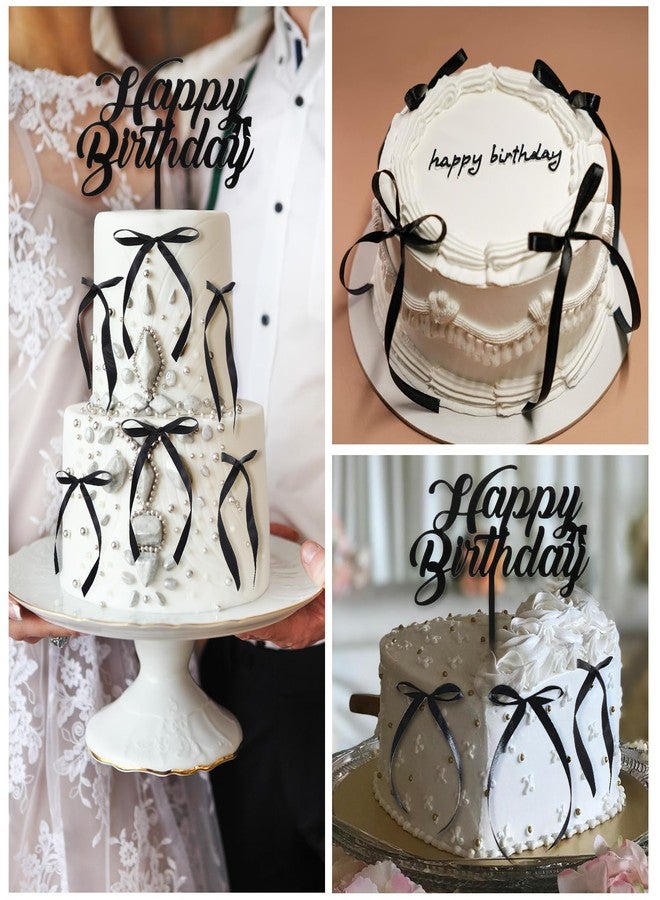 Tyqour 21Pcs Black Bow Cake Toppers Vintage Ribbon Cupcake Toppers Birthday Party Cake Decorations with Happy Birthday Sign for Coquette Themed Anniversary Wedding Decor Supplies for Girls Women - Image 3