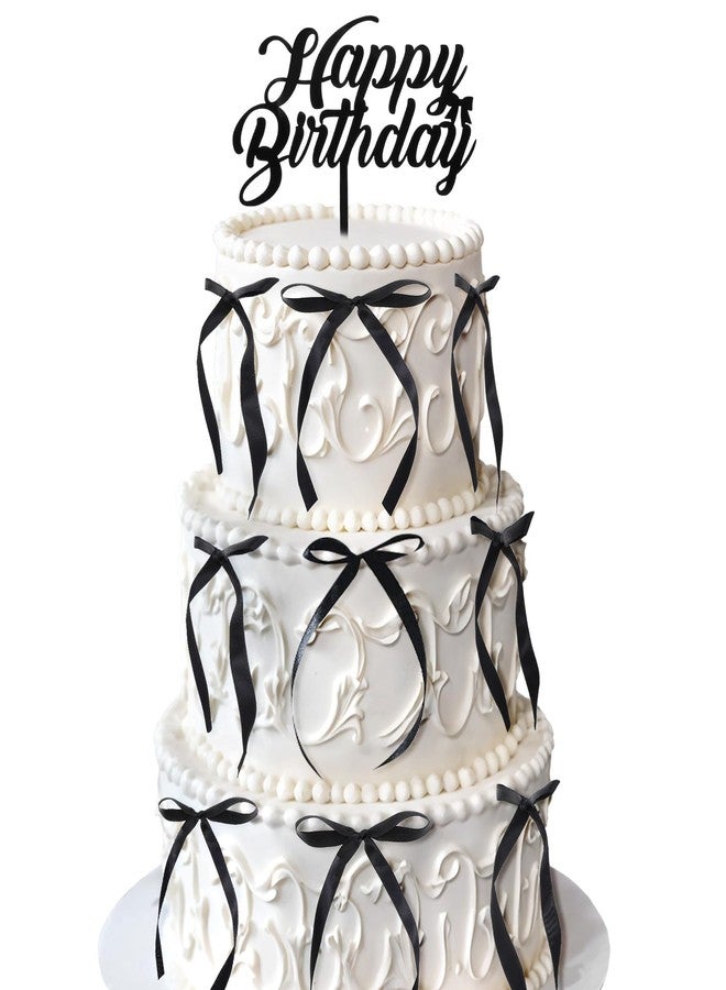 Tyqour 21Pcs Black Bow Cake Toppers Vintage Ribbon Cupcake Toppers Birthday Party Cake Decorations with Happy Birthday Sign for Coquette Themed Anniversary Wedding Decor Supplies for Girls Women - Image 1