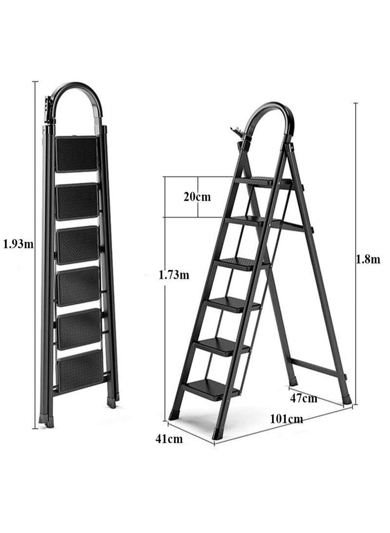 Acotsun Upgrade 6 Step Aluminum Folding Ladder for Home Use,Black Household Ladder Multi Purpose,300kg Load,1.93m Tall,Heavy Duty,Iron & Plastic,Anti Slip Widened,No Assembly Needed,for Kitchen,Library,Warehouse - Image 1