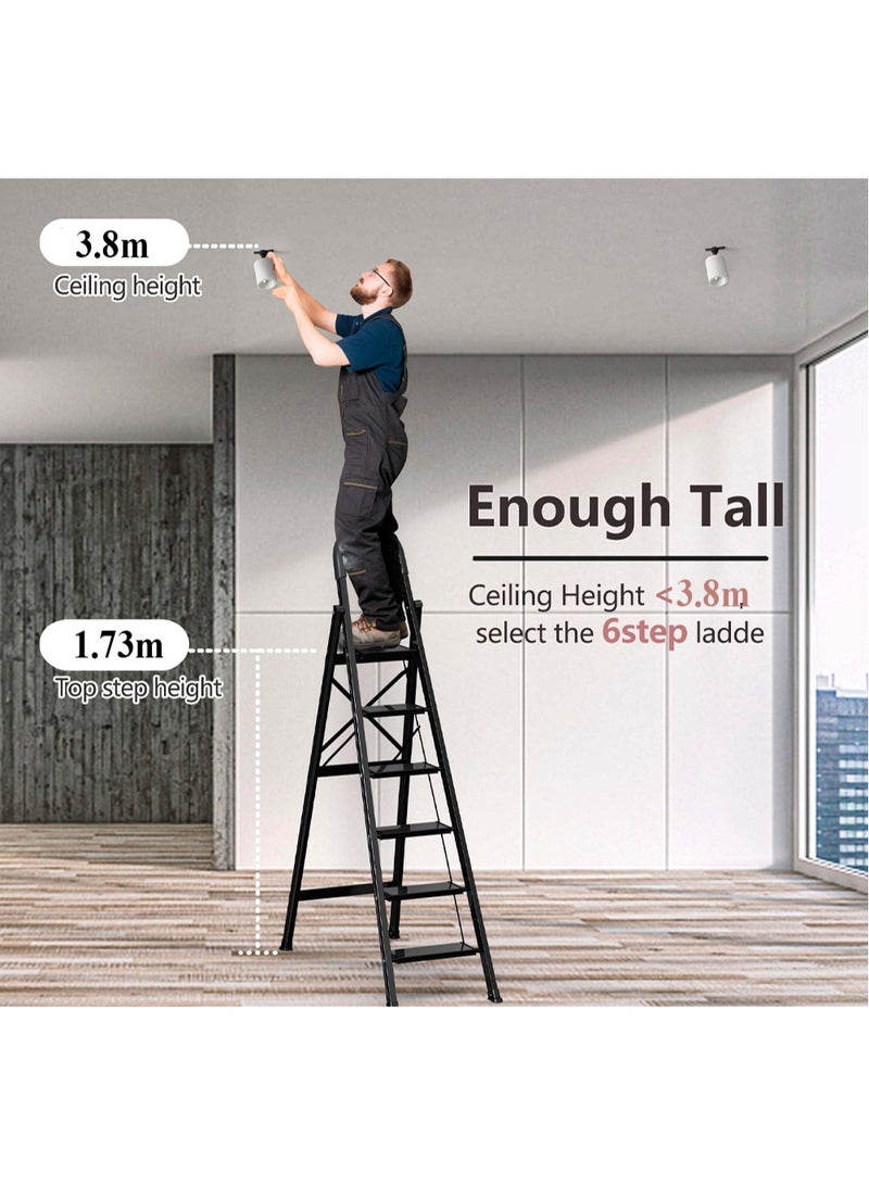 Acotsun Upgrade 6 Step Aluminum Folding Ladder for Home Use,Black Household Ladder Multi Purpose,300kg Load,1.93m Tall,Heavy Duty,Iron & Plastic,Anti Slip Widened,No Assembly Needed,for Kitchen,Library,Warehouse - Image 2