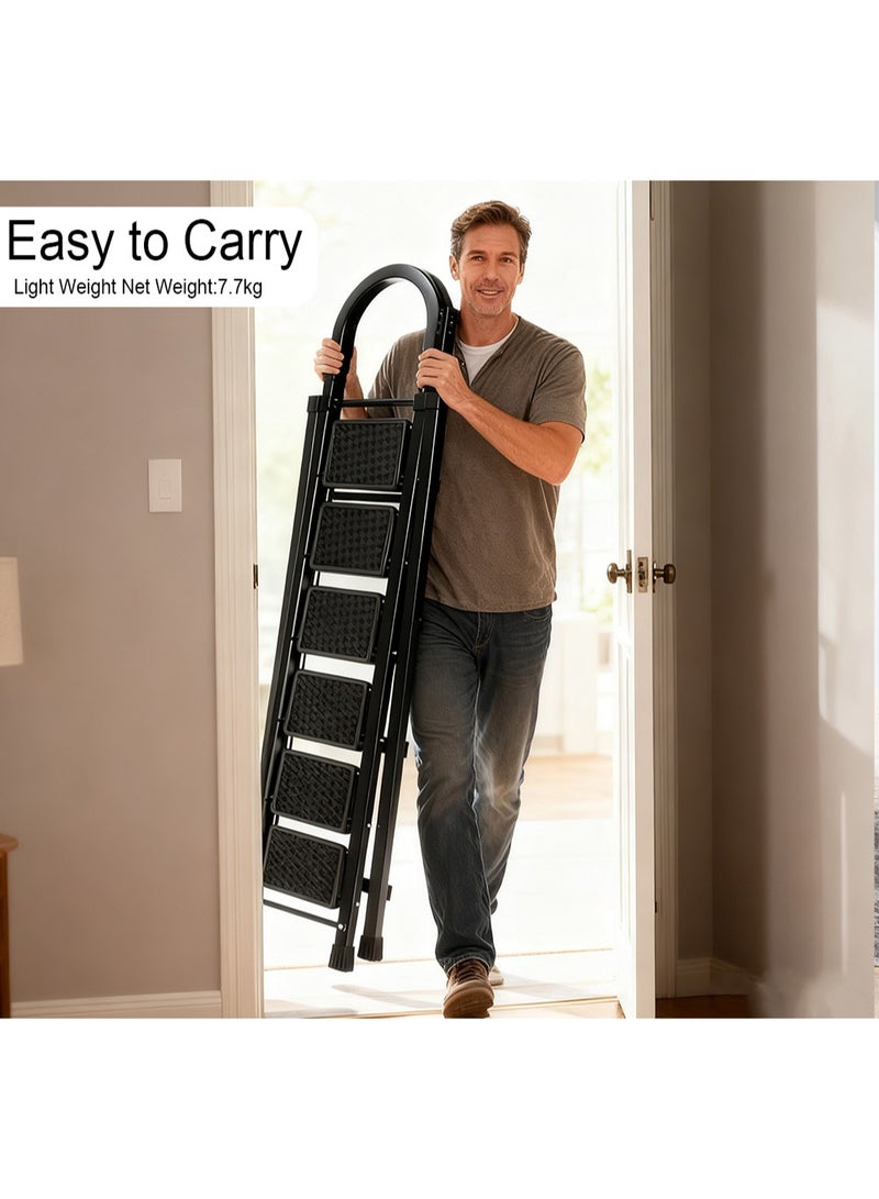 Acotsun Upgrade 6 Step Aluminum Folding Ladder for Home Use,Black Household Ladder Multi Purpose,300kg Load,1.93m Tall,Heavy Duty,Iron & Plastic,Anti Slip Widened,No Assembly Needed,for Kitchen,Library,Warehouse - Image 4