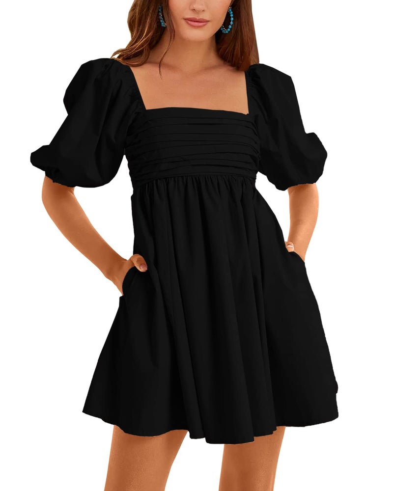 Ebifin Womens Square Neck Dresses Half Puff Sleeve High Waist ALine Casual Backless Smocked Short Babydoll Mini Dress