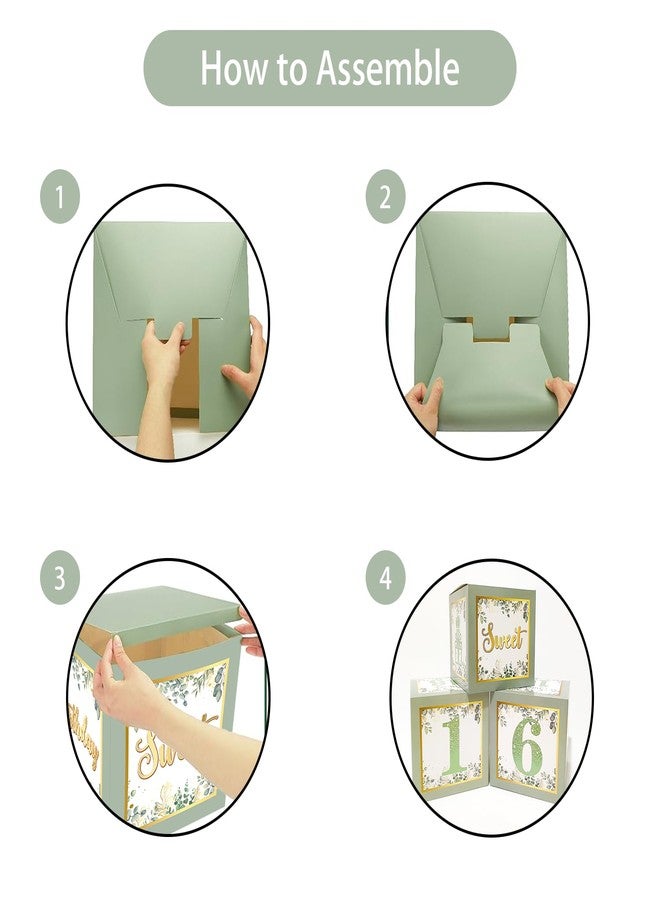 Racenaf Sweet 16 Party Decorations Boxes - 3Pcs Sage Green and Gold 16th Birthday Decorations Balloons Boxes for Girls Women Sweet Sixteen Party Cardboard Box Decor, 16th Birthday Party Supplies - Image 3
