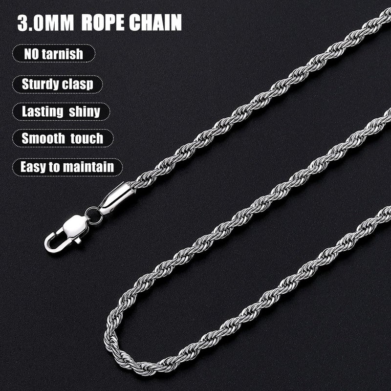 Fiusem Silver Tone 3mm Chain Necklace, Stainless Steel Rope Chain for Men and Women, Mens Necklace 20 Inch - Image 5